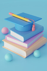 graduation cap sits atop a neat stack of colorful books against a bright turquoise background. A concept of academic achievement and learning.
