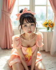 A charming portrait of a young woman in a soft peach dress, exuding grace and elegance with a delicate bow accent and dreamy, sunlit ambiance.