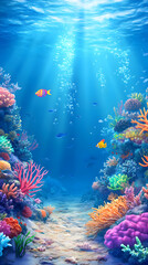 A vibrant and colorful cartoon seafloor with coral reefs, marine life

