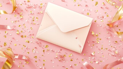 A soft pink background with an open letter and blank paper, surrounded by scattered confetti