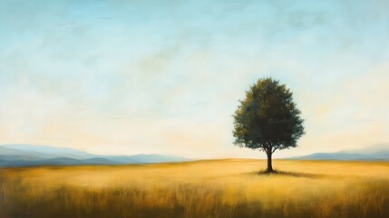 Fototapeta premium A solitary tree stands alone in an open grass field