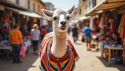 Llama wearing colorful blanket in busy market street