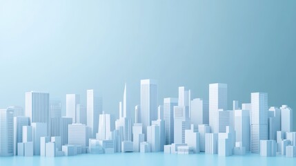 Obraz premium Abstract city skyline, light blue background, 3D model, minimal design, background image, photorealistic rendering, urban landscape, architectural concept, urban planning