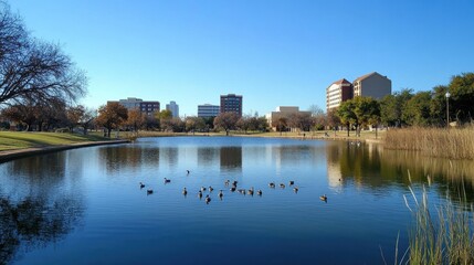 Obraz premium Sunny Day in Midland, Texas: Urban Skyline Reflected in Wadley Barron Park Duck Pond