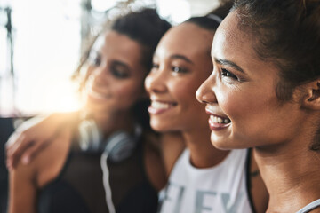 Fototapeta premium Happy women, fitness or faces with friends at gym for workout, exercise or training together. Female people, profile or smile with huddle in row, unity or solidarity for team challenge at health club