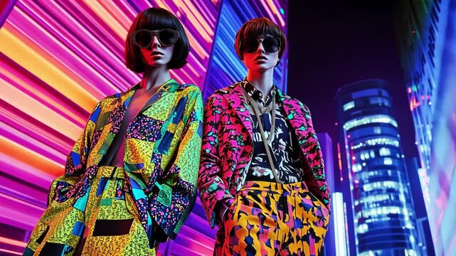 Two models presenting colorful retro futuristic outfits in a neon illuminated cityscape during nighttime, highlighting bold fashion choices