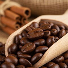 dark roasted coffee beans in wooden scoop with cinnamon sticks and burlap sack