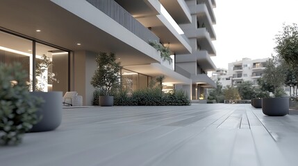 Modern apartment building terrace, evening light, city background, real estate