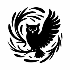 Here’s a detailed title that reflects all the elements you described:

**"Black and White Stylized Owl Illustration with Spread Wings in a Circular Composition, Featuring Feather Motif and Tribal Art 