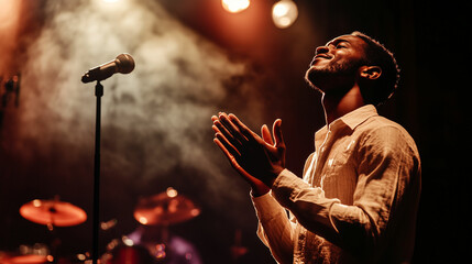 Singer performs passionately on stage with dim lights and supportive crowd around
