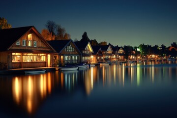Fototapeta premium Starlit Boat House Row. Nighttime Serenity on the Waterfront with Illuminated Architecture and Reflective Waters