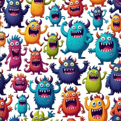 Colorful cartoon monsters smiling and waving in seamless pattern