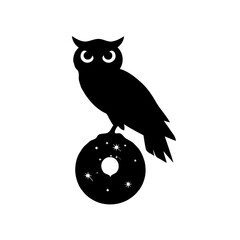 This minimalist black-and-white illustration features a striking silhouette of an owl perched gracefully upon a crescent moon. The owl, a symbol of wisdom and mystery, gazes out into the vast, starry 