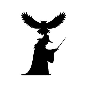 This dramatic black-and-white illustration captures the silhouette of a dark wizard, standing tall in a powerful pose with his majestic eagle familiar soaring above him. The wizard&rsquo;s outstretched arms