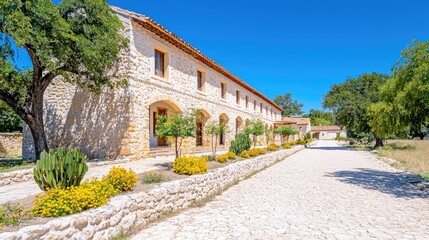Naklejka premium Rustic stone villa estate surrounded by green garden and gravel pathway under bright blue sunny sky.