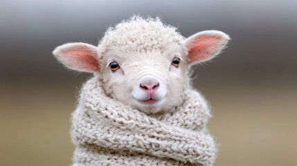 Obraz premium Cute lamb wearing knitted scarf. Outdoor shot. Possible use heartwarming imagery