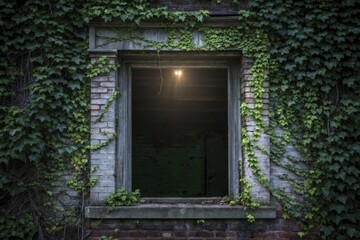 Abandoned building with ivy-covered walls and dimly lit window