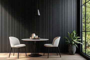 Fototapeta premium Modern dining area with black walls and white chairs