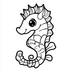 Naklejka premium Black and white line art illustration of a cartoon seahorse with large eyes and a smiling face. The seahorse is oriented vertically on a white background.