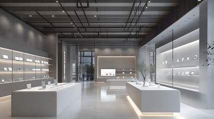A brightly lit, modern electronics store featuring displays of laptops and phones on white platforms and shelves. The overall color scheme is grayscale with concrete floors and exposed ductwork.