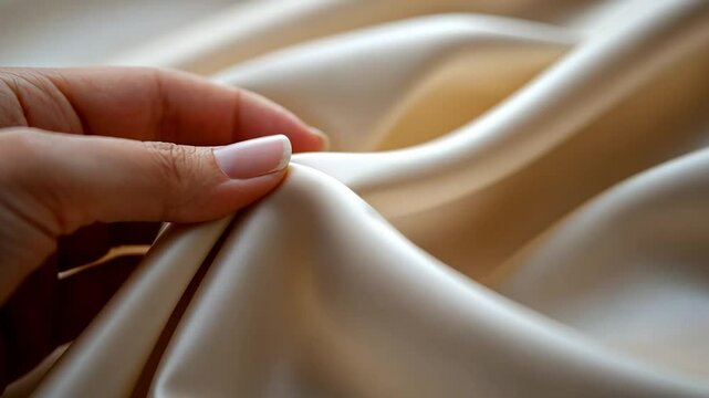 Hand touches soft beige silk fabric