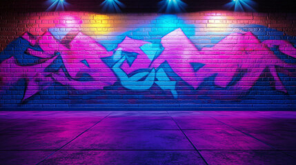 Fototapeta premium Vibrant graffiti on brick wall with urban lighting for modern interior design