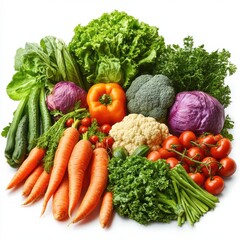 A large pile of various vegetables and herbs on a white background