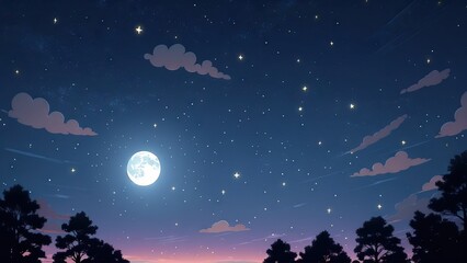 Bright full moon shining over the forest at night with many stars and clouds