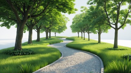 Serene Winding Path Through Lush Green Landscape with Trees