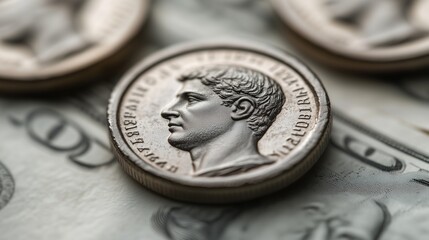 Historical coin resting on a stack of dollar bills showcasing the blend of ancient and modern currency