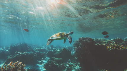 Serene underwater scene with coral reefs and marine life exploration