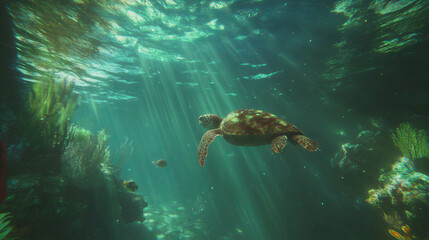 Fototapeta premium Tranquil underwater scene with turtle and coral reefs