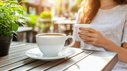 Fototapeta premium Relaxed caucasian woman enjoying coffee on terrace during summer morning. concept of leisure, peaceful moments, morning ritual, outdoor relaxation