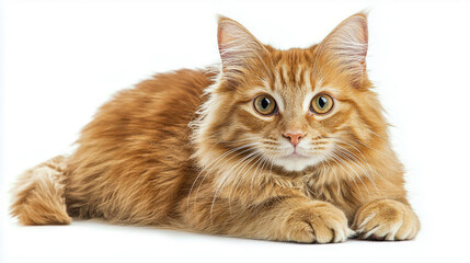 Close up of fluffy ginger cat with bright eyes isolated on white background. concept of feline cuteness, pet adoration, cozy companionship, furry joy
