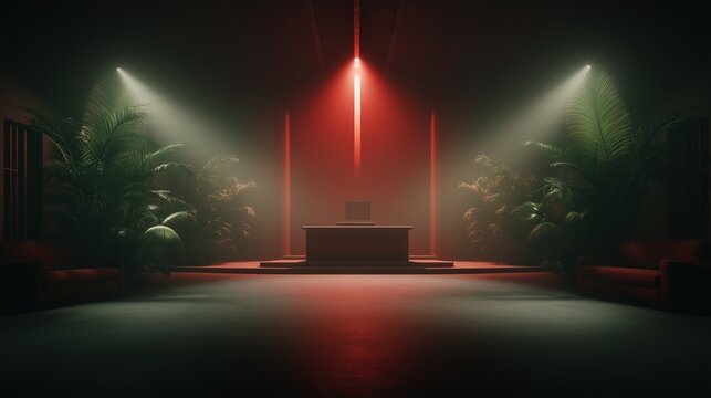 Dimly lit modern interior with a central stage and red lighting creates an atmospheric setting for a presentation or show - Powered by Adobe