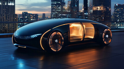 Futuristic luxury black car driving through brightly lit city skyline. concept of innovation, advanced technology, urban mobility, modern design