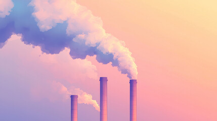 Smokestacks releasing light gray smoke against pastel sky during sunset. concept of industrial pollution, atmospheric emissions, environmental impact, air quality