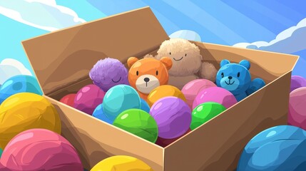 Obraz premium Cardboard box overflowing with colorful balls and plush toys.