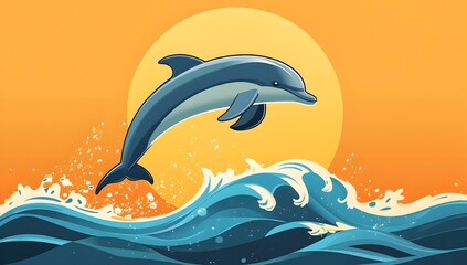 Dolphin Jumping Over Blue Waves with an Orange Sunset