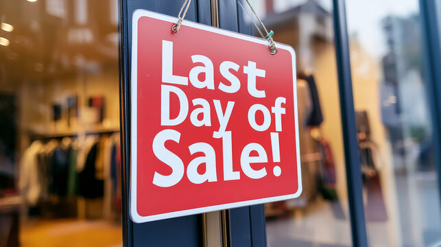 Vibrant last day of sale sign on boutique door. concept of retail discounts, urgent shopping deals, fashion clearance, storefront advertising