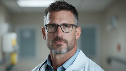 Obraz premium Serious doctor hospital hallway portrait (1)