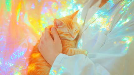 Ginger Cat Sleeping in Veterinarian's Arms with Dreamy Iridescent Glow. Concept of Pet Care, Veterinary Compassion, Animal Rescue, Feline Comfort, Love for Pets, Healing Touch
