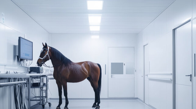 Brown Horse Standing in Veterinary Clinic for Medical Examination. Concept of Equine Healthcare, Animal Treatment, Horse Medicine, Veterinary Science, Equine Wellness, Medical Technology - Powered by Adobe