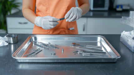 Veterinary nurse preparing surgical instruments in clinic. concept of animal healthcare, professional care, veterinary tools, medical preparation