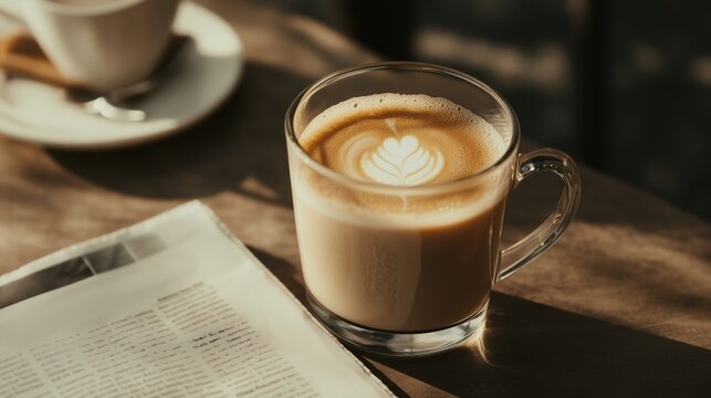 Warm coffee with latte art beside a newspaper in a cozy cafe during the afternoon - Powered by Adobe