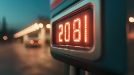 Digital display at a gas station shows fuel prices during dusk in a suburban area