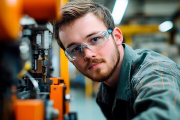 A young technician is intently working on machinery in a well-lit industrial workshop. He wears protective glasses and engages with tools to ensure proper functioning