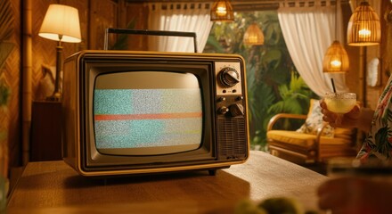 Vintage tv with static in retro living room with tropical decor and drink on table