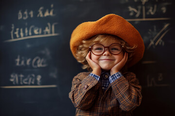 A cheerful child in a plaid shirt, wearing large glasses and an orange hat, stands in front of a chalkboard with whimsical writing.