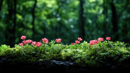 Pink flowers blooming on mossy log in forest; nature background for websites